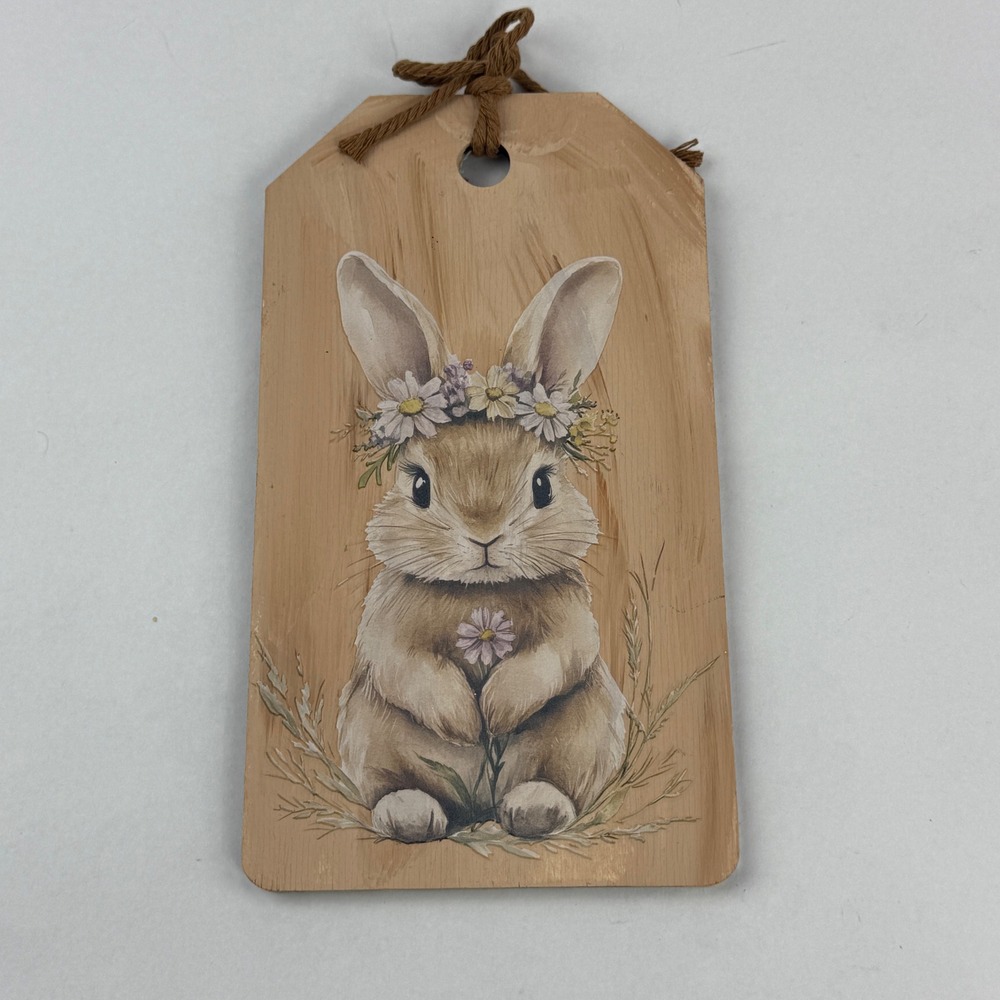 Handmade Wooden Bunny Rabbit Floral Crown Wall Hanging Decor Tag Plaque 9.5in
